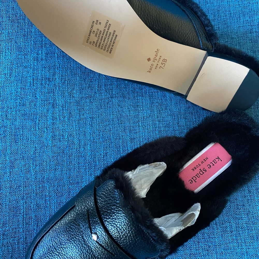 NWT Kate Spade Fur Lined Leather Slides, Black, size 7.5 - Picture 8 of 10
